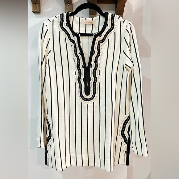 NWT Tory Burch Ivory Black Filipa Rayon Slub Stripe Tunic 4 - Picture 6 of 14